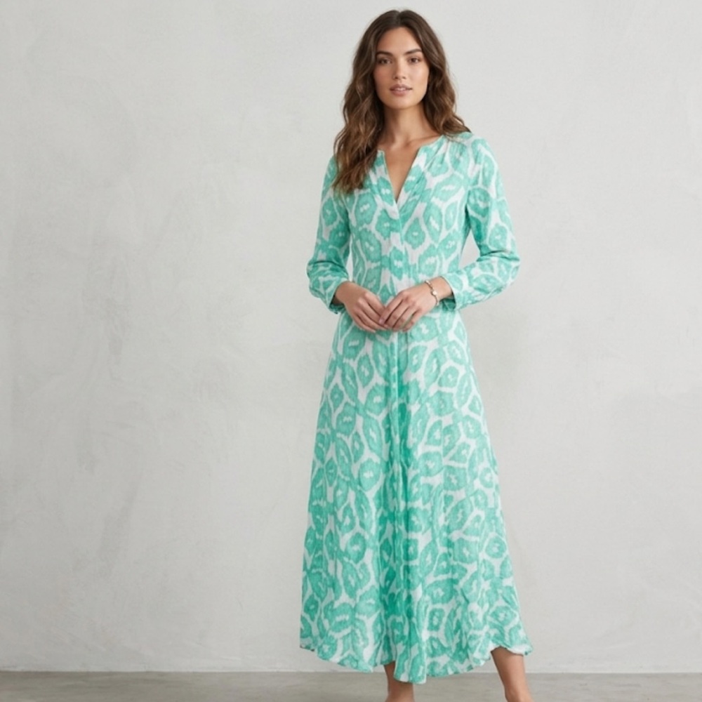 NIMO with LOVE 100% Linen Mint Green Long Sleeve Resort Maxi Dress Size S